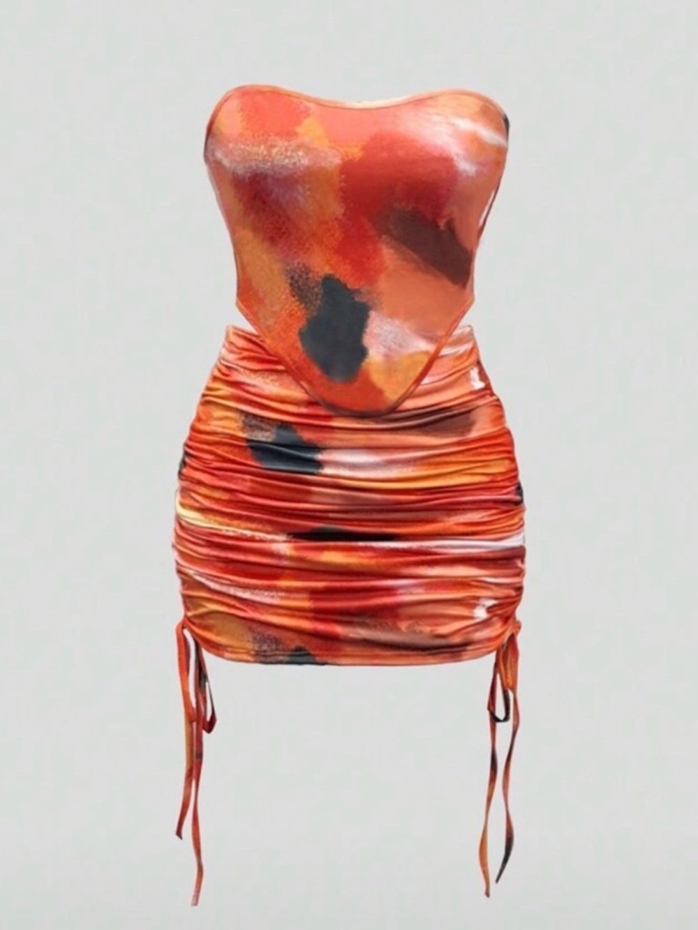 Strapless Orange Watercolor Ruched Mini Dress